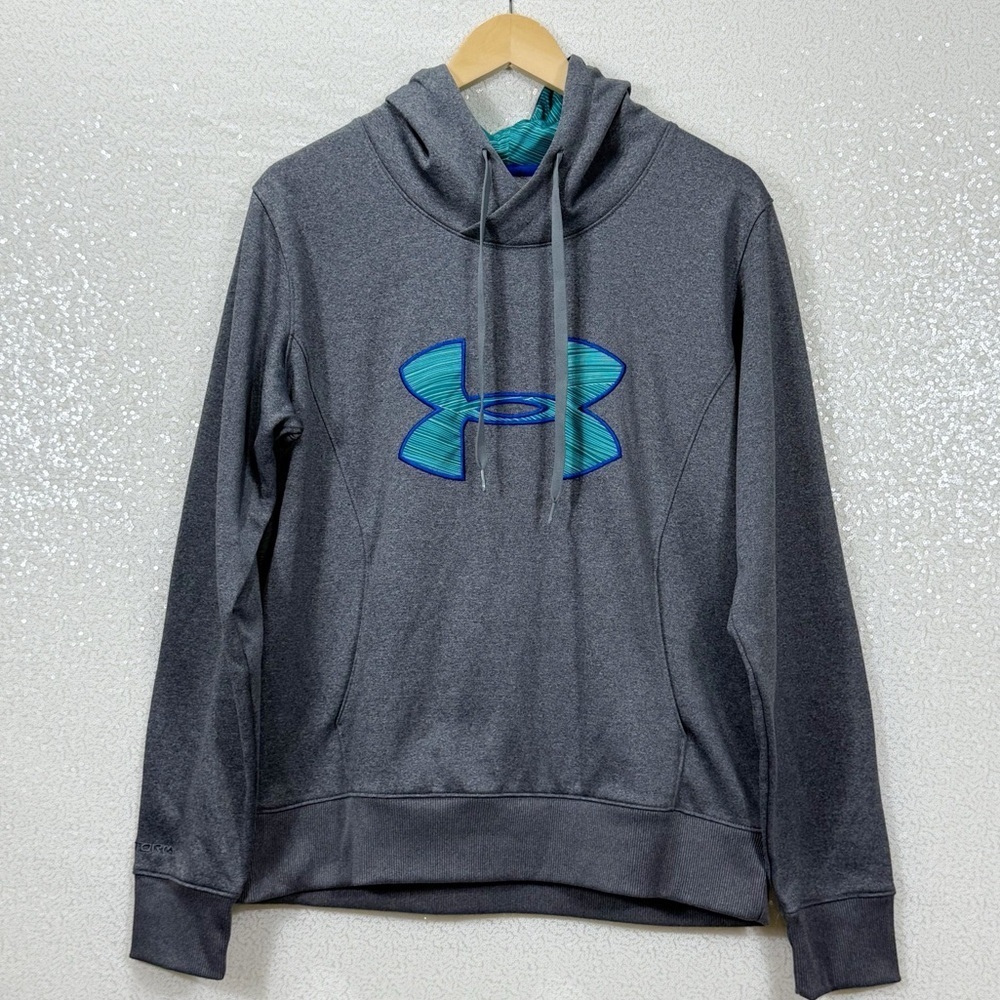 Under Armour ColdGear Hoodie Sweatshirt Gray Blue Logo Size Large Semi-Fitted